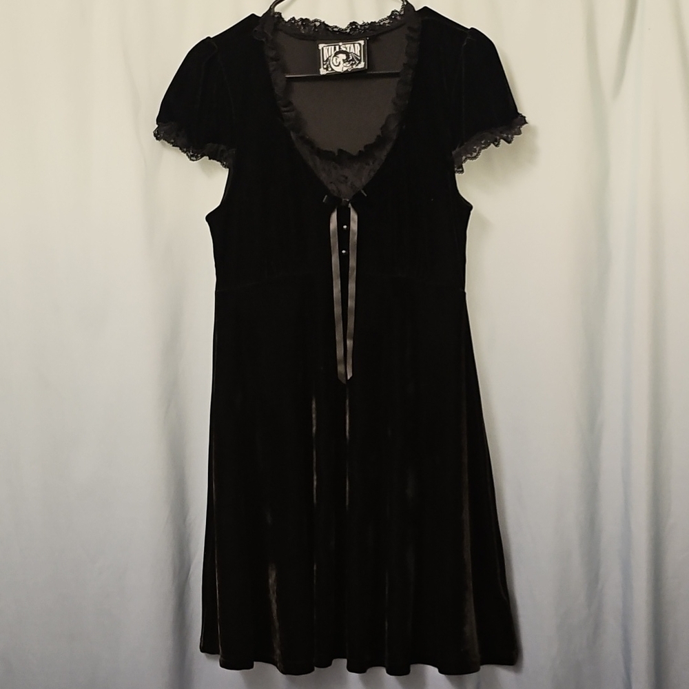 Killstar Black Velour Lace Trim Bow 2 Buttons Dress Size Medium
